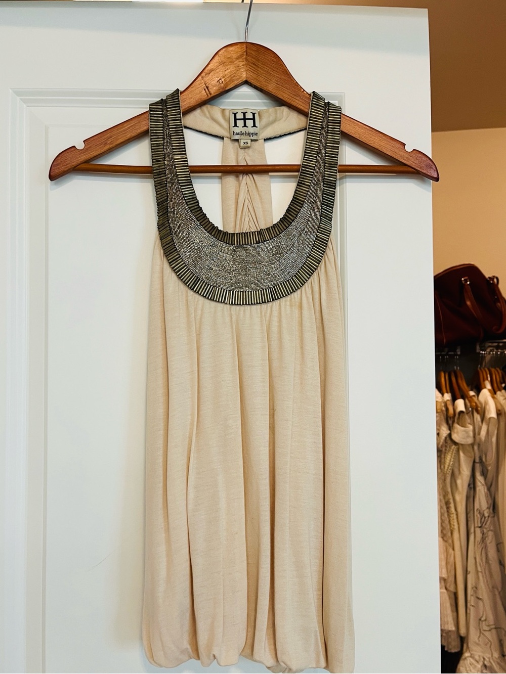 Haute Hippie Cream Halter Tank with Embellished Neckline